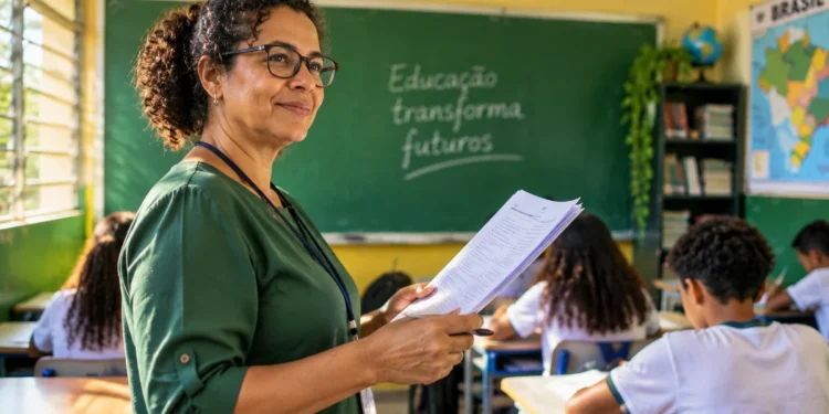 Professora em sala de aula, representando o uso da PND em editais e concursos de estados e municípios.