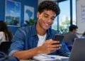 Jovem estudante utilizando smartphone em ambiente de estudo, representando o Programa de Estágio 2027 da Casa dos Ventos, com vagas em SP, CE e PE.