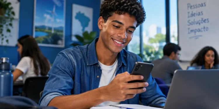 Jovem estudante utilizando smartphone em ambiente de estudo, representando o Programa de Estágio 2027 da Casa dos Ventos, com vagas em SP, CE e PE.
