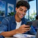 Jovem estudante utilizando smartphone em ambiente de estudo, representando o Programa de Estágio 2027 da Casa dos Ventos, com vagas em SP, CE e PE.