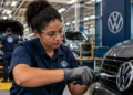 Estagiária da Volkswagen atua em linha de produção durante rotina profissional em fábrica da empresa.