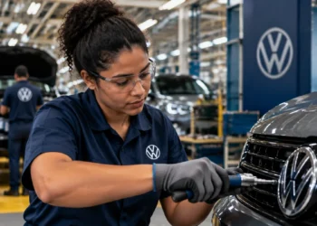 Estagiária da Volkswagen atua em linha de produção durante rotina profissional em fábrica da empresa.