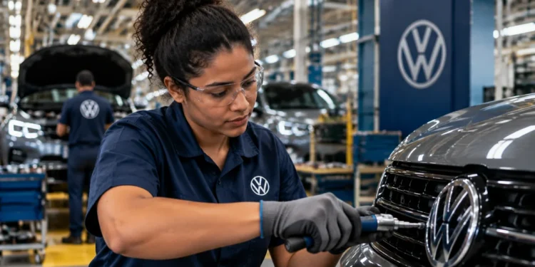 Estagiária da Volkswagen atua em linha de produção durante rotina profissional em fábrica da empresa.