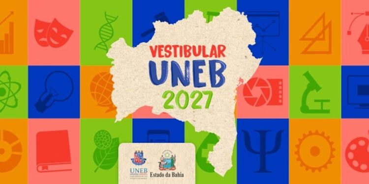 Arte oficial do Vestibular Uneb 2027 com o mapa da Bahia cercado por ícones de áreas do conhecimento