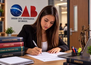 Imagem ilustrativa de jovem de blazer preto escrevendo em uma folha, ao lado de códigos jurídicos e de uma estátua da Justiça, em referência à 2ª fase da OAB 47
