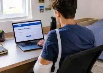 Jovem de costas, com braço engessado, usando notebook no quarto.