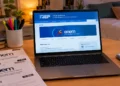 Notebook com o portal do Inep aberto e provas do Enem sobre a escrivaninha, ilustrando a consulta e a impressão do cartão de confirmação do exame de 2026.