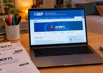 Notebook com o portal do Inep aberto e provas do Enem sobre a escrivaninha, ilustrando a consulta e a impressão do cartão de confirmação do exame de 2026.