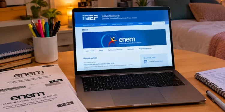 Notebook com o portal do Inep aberto e provas do Enem sobre a escrivaninha, ilustrando a consulta e a impressão do cartão de confirmação do exame de 2026.