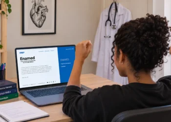Mulher comemora diante do notebook com a página do Enamed aberta, em um quarto com jaleco e quadro de anatomia.