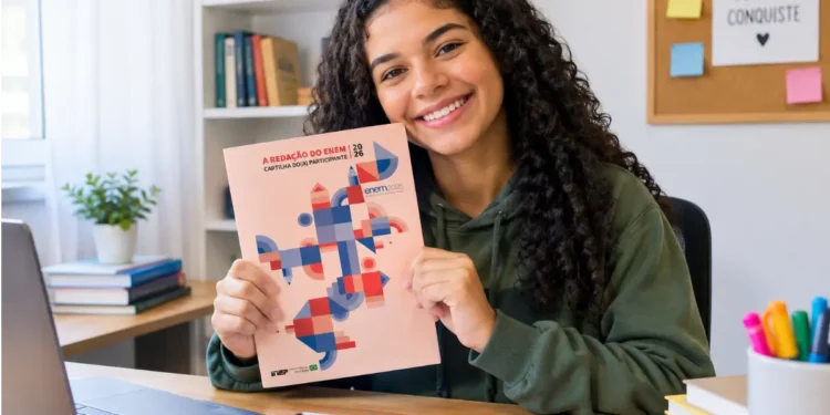 Estudante segura a Cartilha do Enem 2026 em um ambiente de estudos organizado.