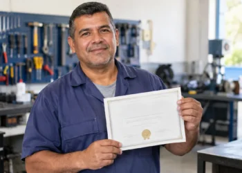 Trabalhador com certificado em oficina sobre reconhecimento de experiência profissional sem diploma.