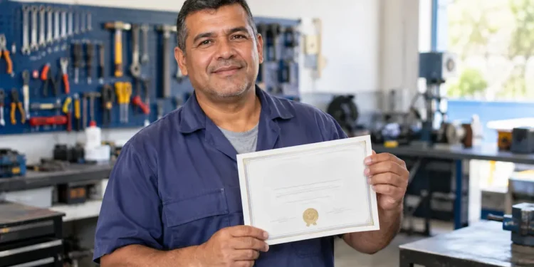 Trabalhador com certificado em oficina sobre reconhecimento de experiência profissional sem diploma.