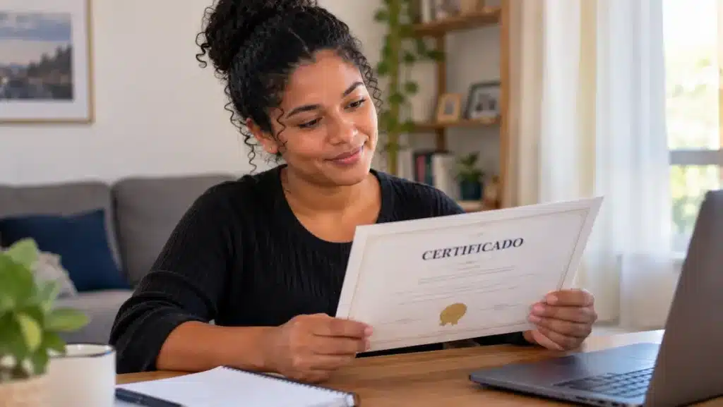Mulher lê certificado em ambiente domiciliar, ilustrando a certificação por competência.