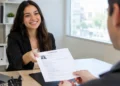 Entrevista de emprego com recrutadora sorridente recebendo currículo.
