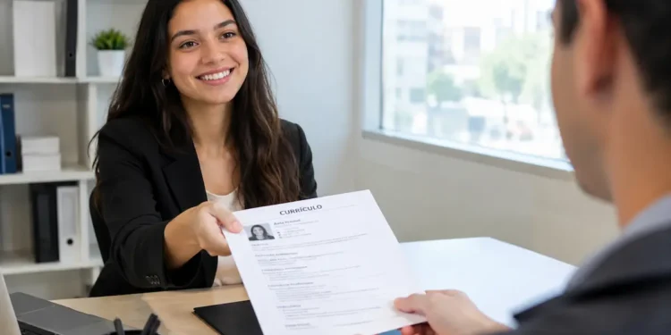 Entrevista de emprego com recrutadora sorridente recebendo currículo.