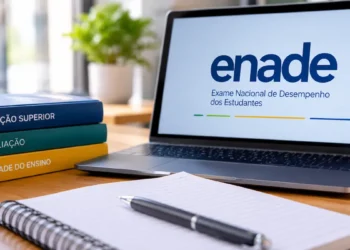 Notebook com identificação do Enade ao lado de livros e materiais de estudo.