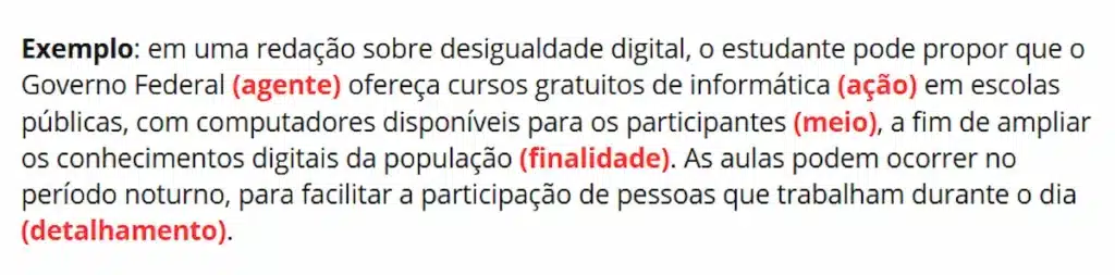 Exemplo de conclusão da redação do Enem sobre desigualdade digital, destacando os cinco elementos da proposta de intervenção: agente, ação, meio, finalidade e detalhamento.