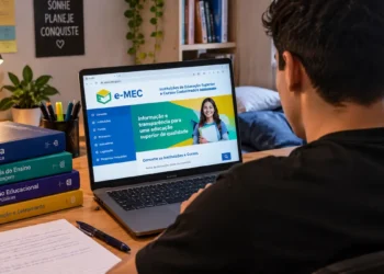 Jovem consulta o sistema e-MEC para verificar a avaliação de cursos de licenciatura e instituições de ensino superior.