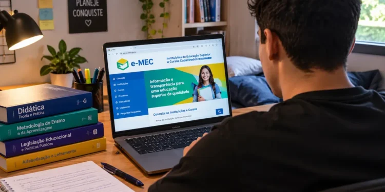 Jovem consulta o sistema e-MEC para verificar a avaliação de cursos de licenciatura e instituições de ensino superior.
