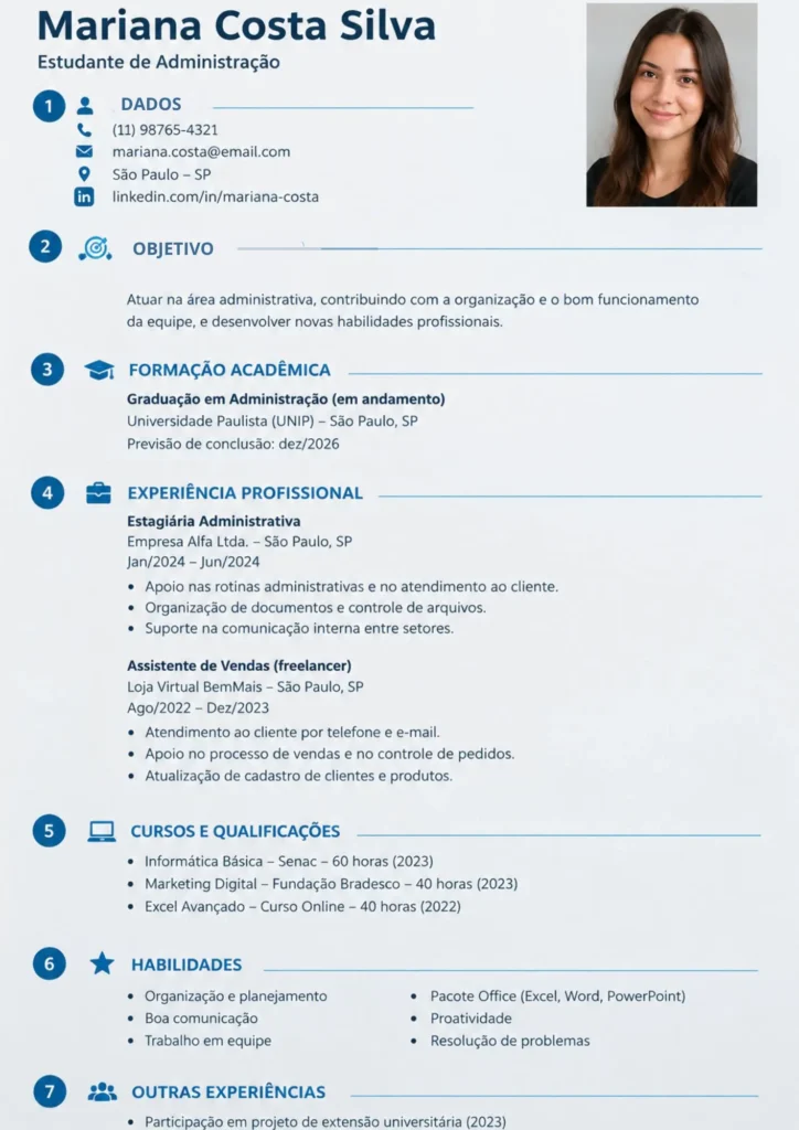 Currículo de estudante de Administração com experiências e habilidades em destaque.
