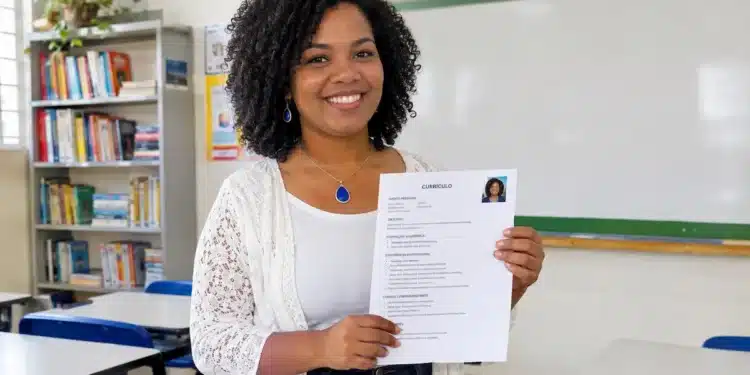 Professora sorrindo e segurando seu currículo em uma sala de aula.