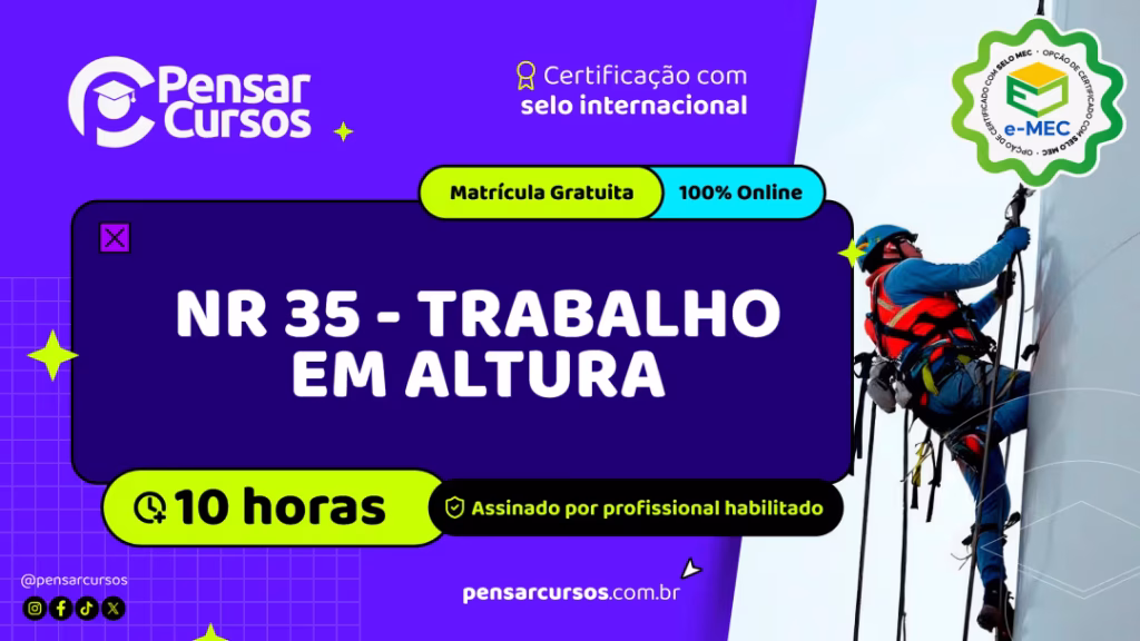 Profissional com EPI sobe estrutura na vertical ao lado de anúncio de curso NR 35 online.