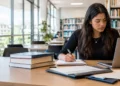 Jovem mulher estuda em biblioteca moderna concentrada nos estudos.