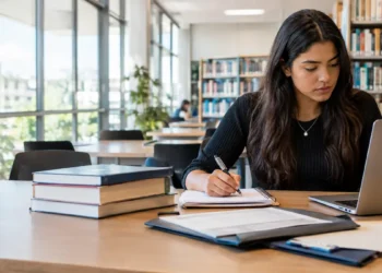 Jovem mulher estuda em biblioteca moderna concentrada nos estudos.