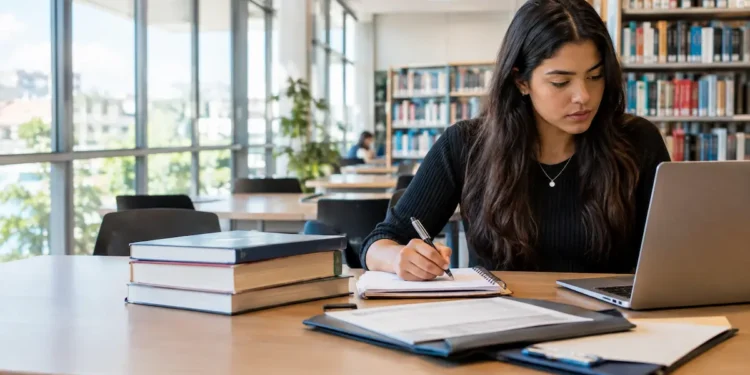Jovem mulher estuda em biblioteca moderna concentrada nos estudos.