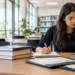 Jovem mulher estuda em biblioteca moderna concentrada nos estudos.