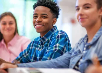 Estudantes sorrindo em sala de aula durante atividade escolar.