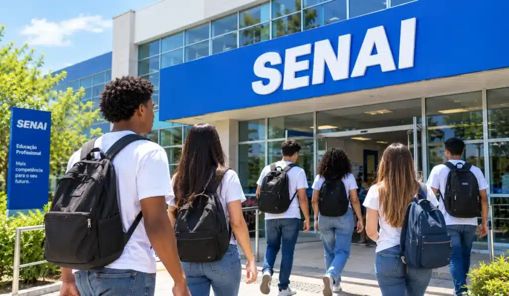 Alunos de camiseta branca e jeans entrando em uma unidade do SENAI.
