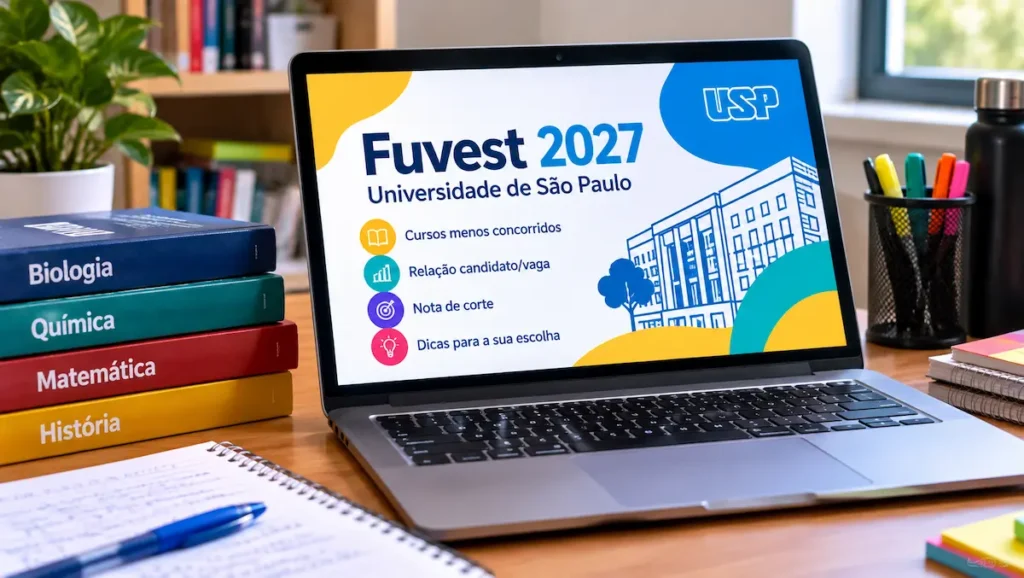 Notebook com tela colorida sobre a Fuvest 2027 em uma mesa de estudos.