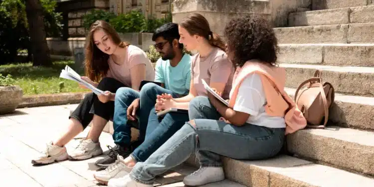 Estudantes universitários conversam em escadaria de campus ao ar livre.