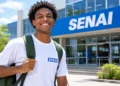 Jovem sorrindo em frente ao SENAI, com blusa branca e mochila nas costas.
