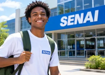 Jovem sorrindo em frente ao SENAI, com blusa branca e mochila nas costas.