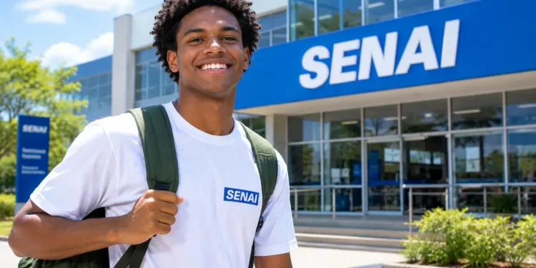 Jovem sorrindo em frente ao SENAI, com blusa branca e mochila nas costas.