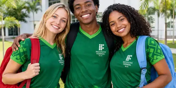 Três estudantes do Ifac sorrindo e abraçados em frente ao campus.