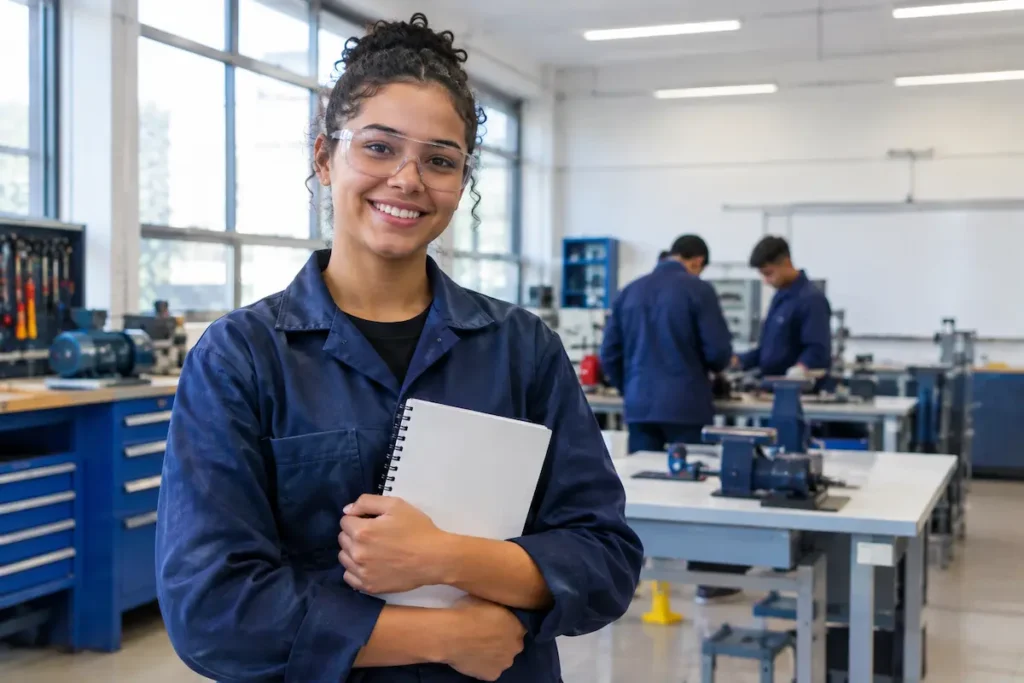 Jovem de uniforme azul e coque em laboratório técnico com máquinas e outros estudantes ao fundo.