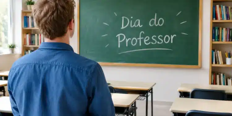 Professor observa lousa com homenagem pelo Dia do Professor em sala de aula.