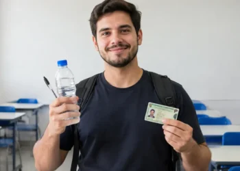 Jovem estudante de camiseta preta e mochila segura uma garrafa de água e um documento de identificação em uma sala de aula com carteiras azuis.