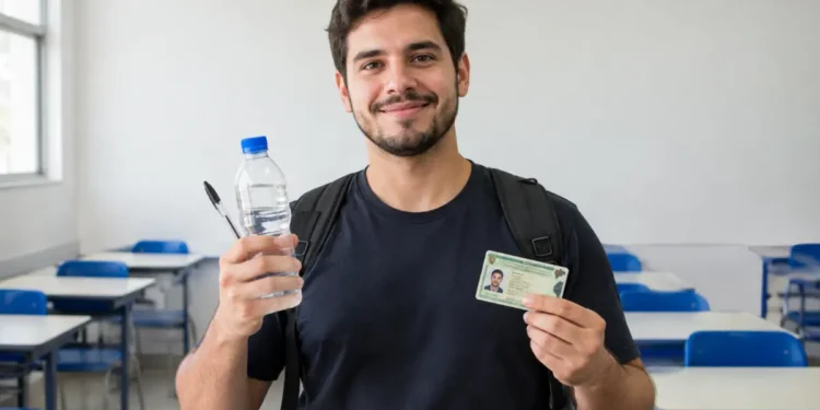 Jovem estudante de camiseta preta e mochila segura uma garrafa de água e um documento de identificação em uma sala de aula com carteiras azuis.