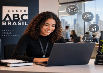 Mulher jovem de cabelos cacheados sorrindo, trabalhando em notebook no Banco ABC Brasil, livros com temas de desenvolvimento e ícones de crescimento ao fundo, simbolizando as inscrições para o estágio Banco ABC Brasil.