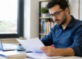 Homem analisa documentos em escritório moderno iluminado.