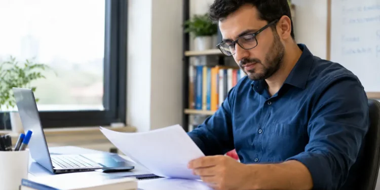 Homem analisa documentos em escritório moderno iluminado.