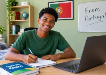 Jovem negro de camiseta verde sorri para a câmera enquanto estuda com notebook e cadernos em um quarto iluminado, com paredes verdes, bandeira de Portugal e quadro escrito “Enem Portugal”.