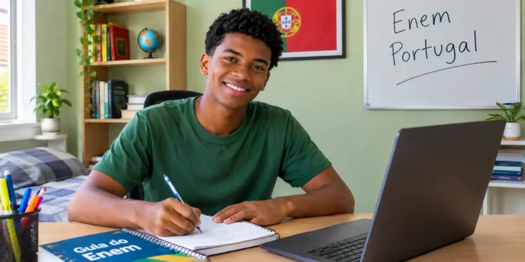 Jovem negro de camiseta verde sorri para a câmera enquanto estuda com notebook e cadernos em um quarto iluminado, com paredes verdes, bandeira de Portugal e quadro escrito “Enem Portugal”.