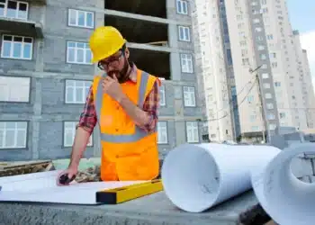 Engenheiro de capacete e colete de segurança analisa uma planta em uma obra.