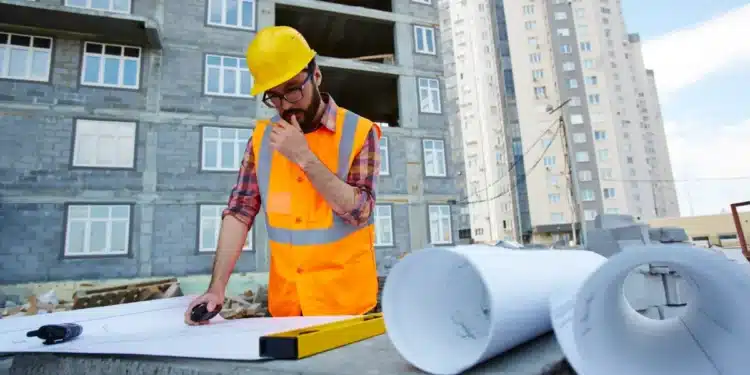 Engenheiro de capacete e colete de segurança analisa uma planta em uma obra.